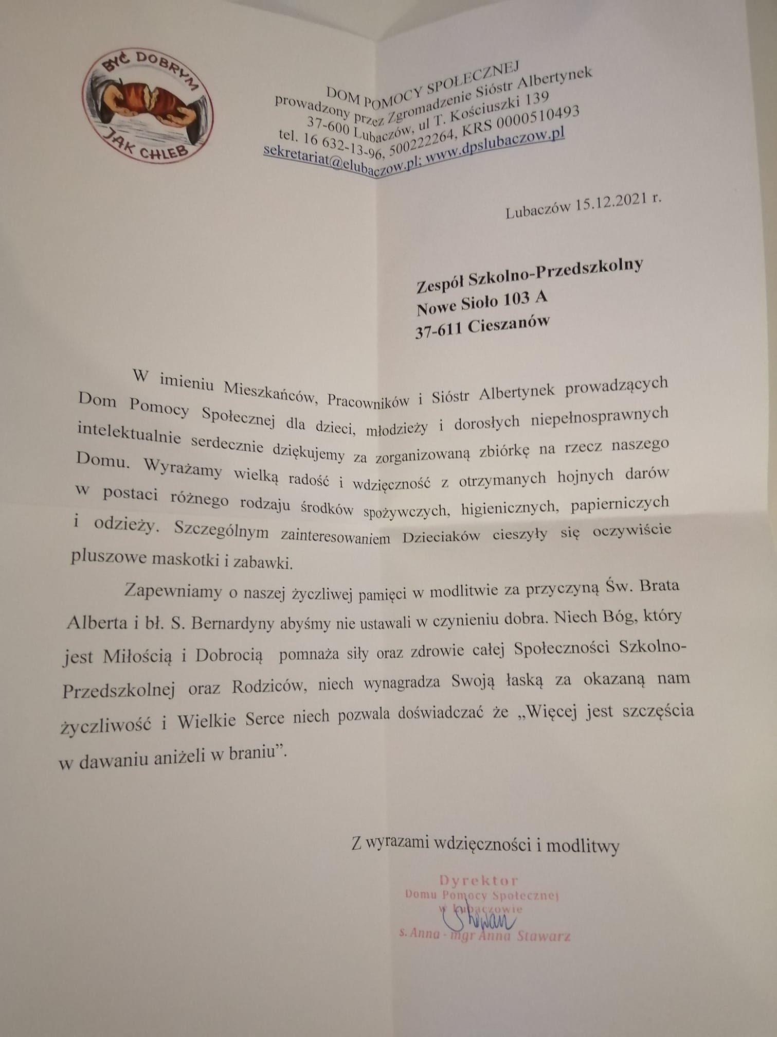 Podziękowanie z DPS w Lubaczowie