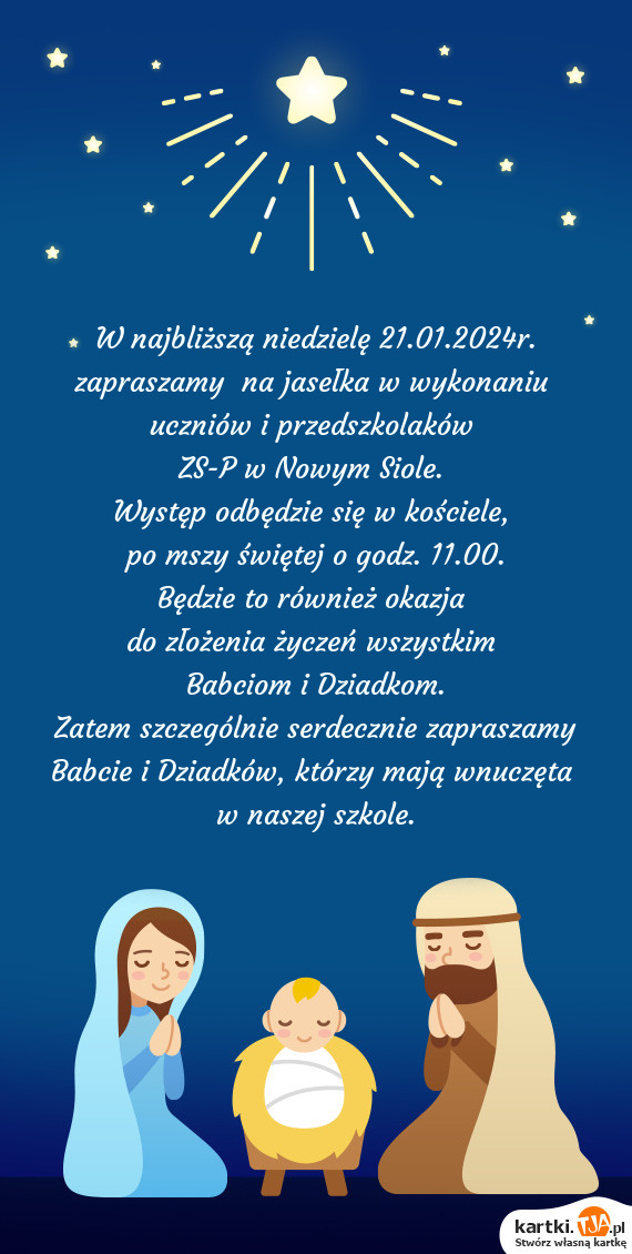 Zaproszenie na jasełka z okazji Dnia Babci i Dziadka